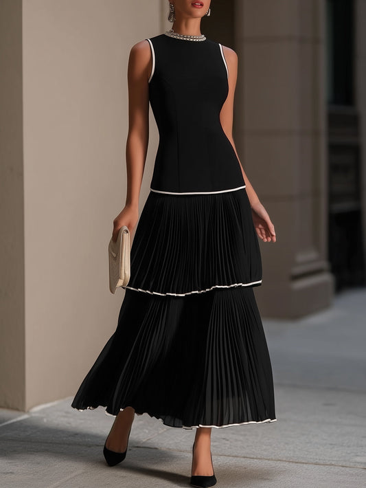 Black White Trim Tiered Pleated Maxi Dress