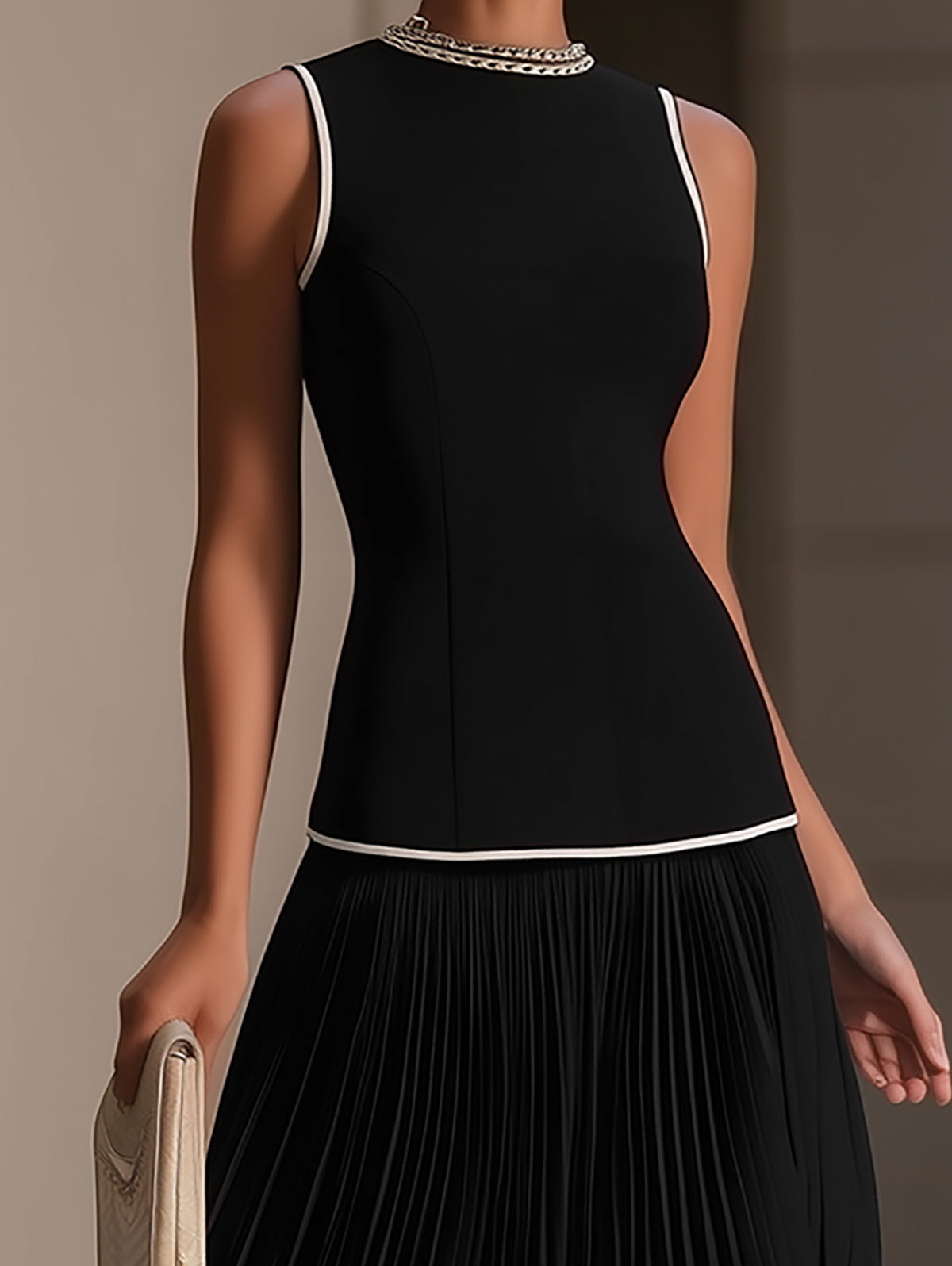 Black White Trim Tiered Pleated Maxi Dress
