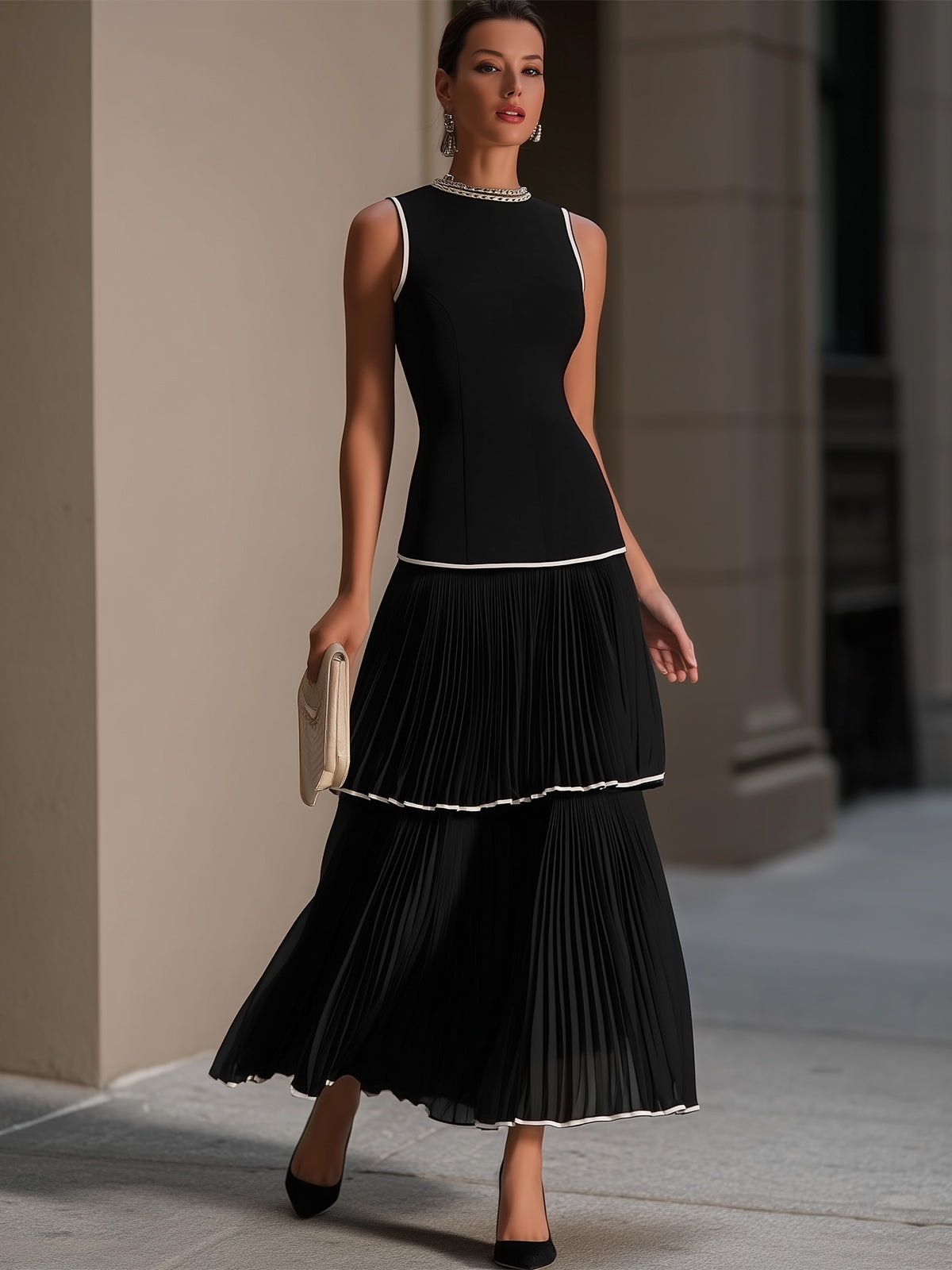 Black White Trim Tiered Pleated Maxi Dress