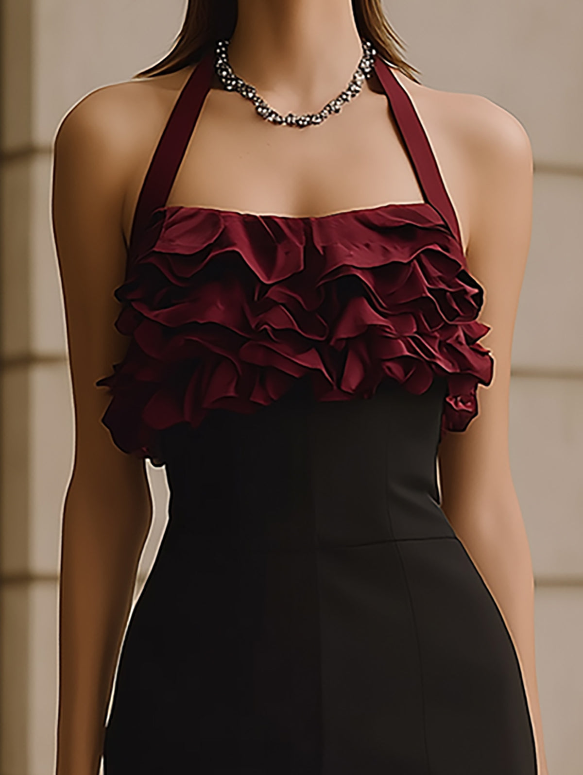 Black Halter Dress With Burgundy Ruffle Top
