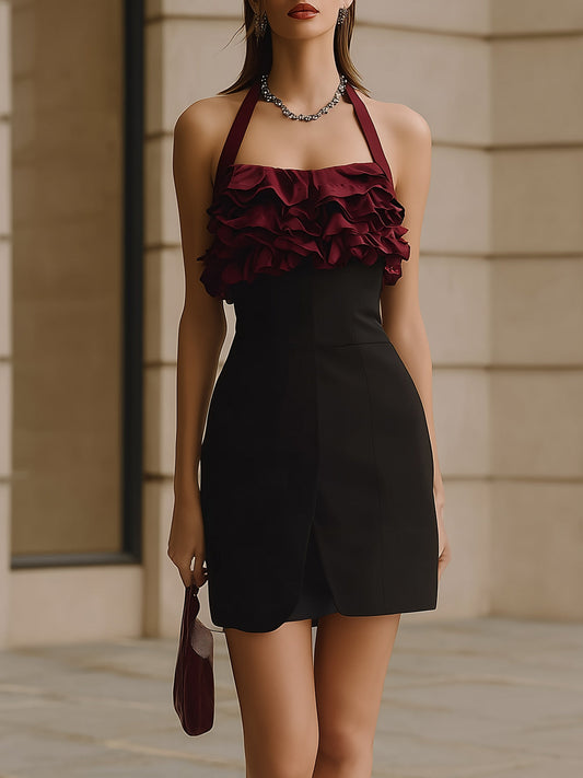 Black Halter Dress With Burgundy Ruffle Top