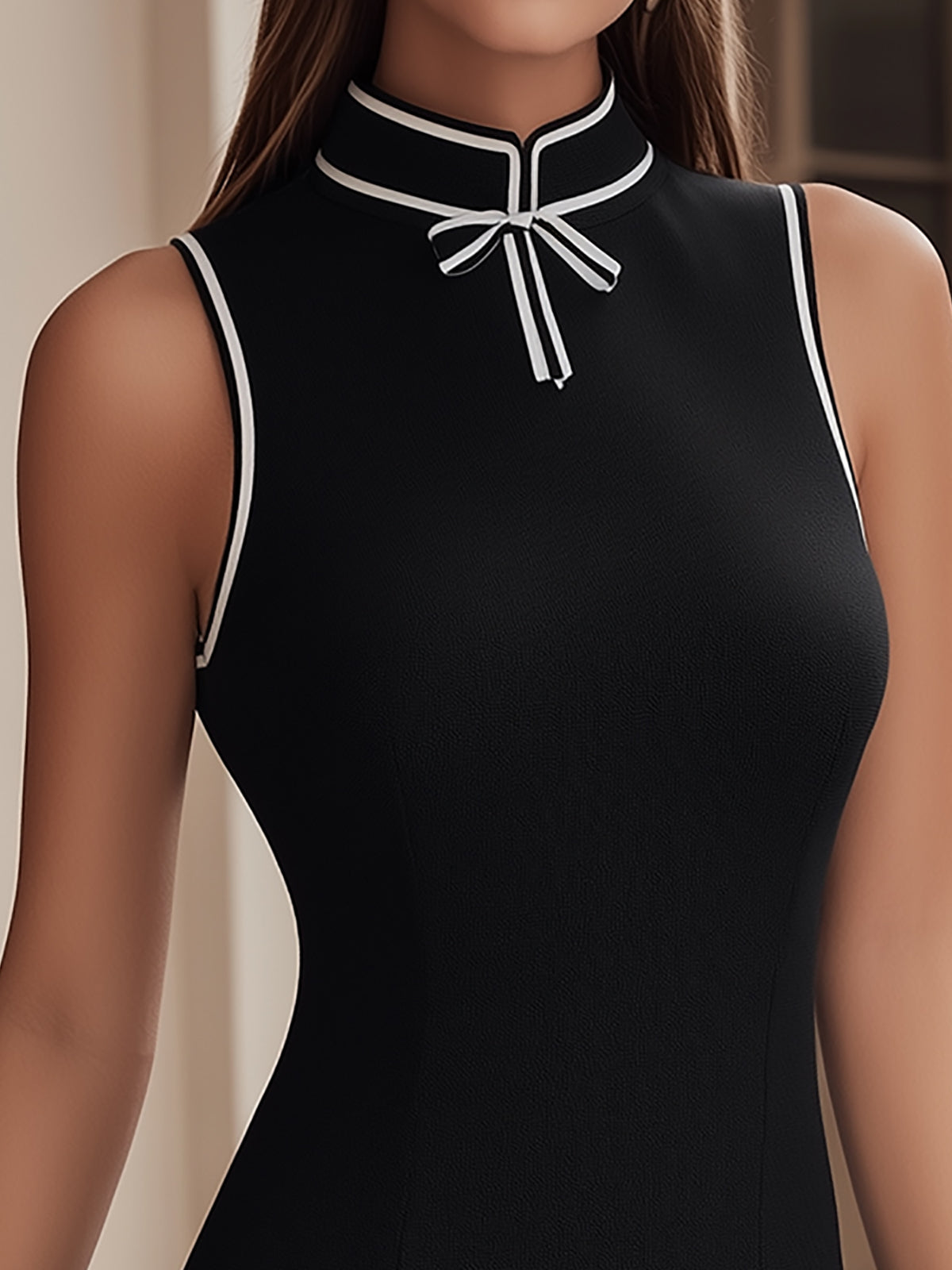 Black White Trim Cheongsam Style Mini Dress