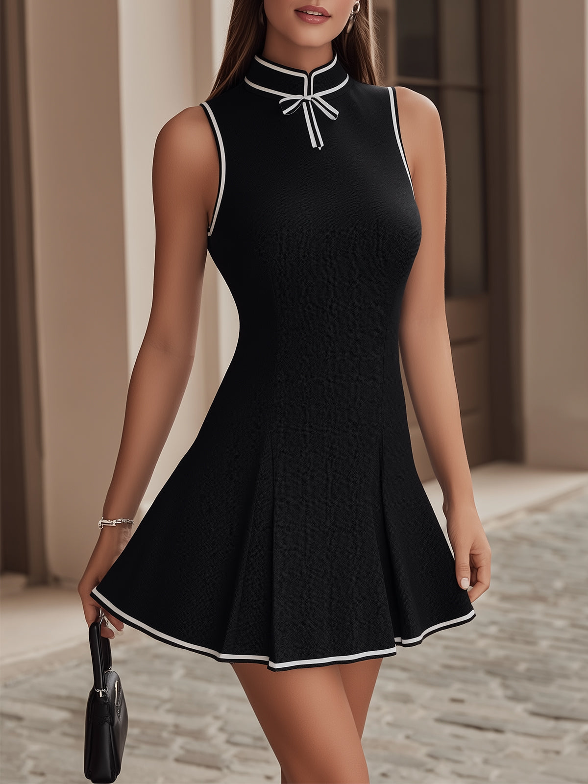 Black White Trim Cheongsam Style Mini Dress
