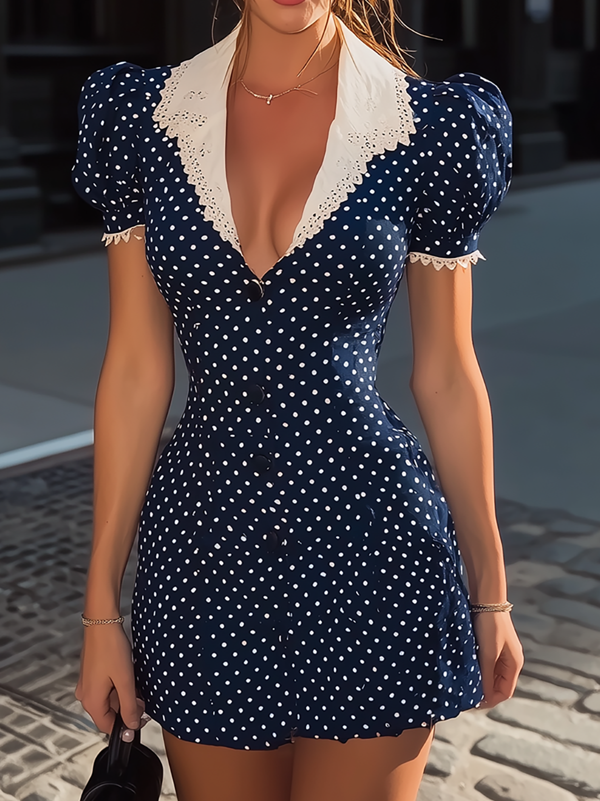 Navy Polka Dot Mini Dress With Lace Collar