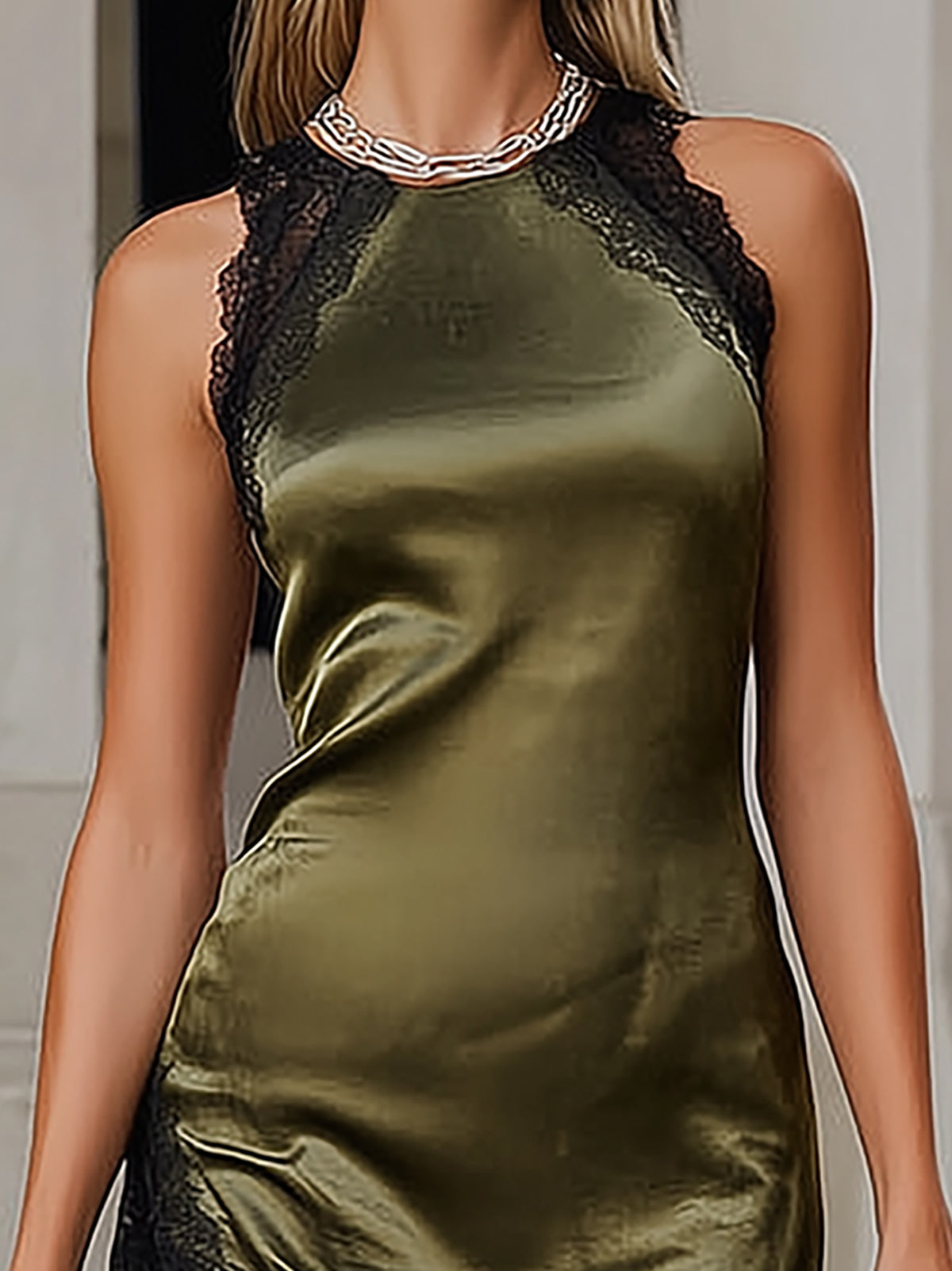 Olive Green Satin Mini Dress With Black Lace Trim