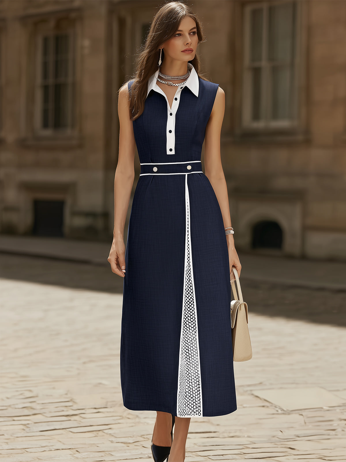 Navy Blue White Trim Midi Dress