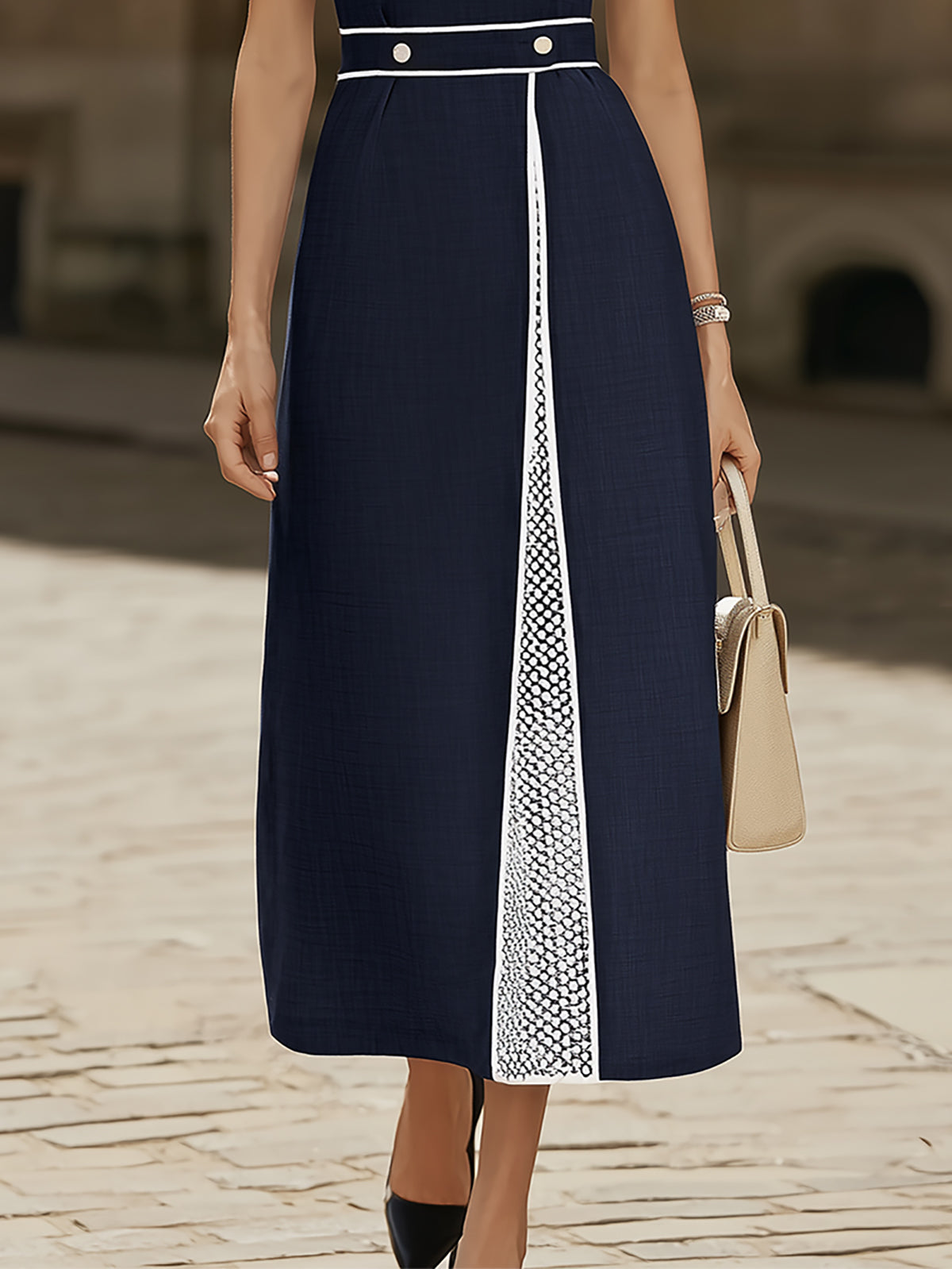 Navy Blue White Trim Midi Dress
