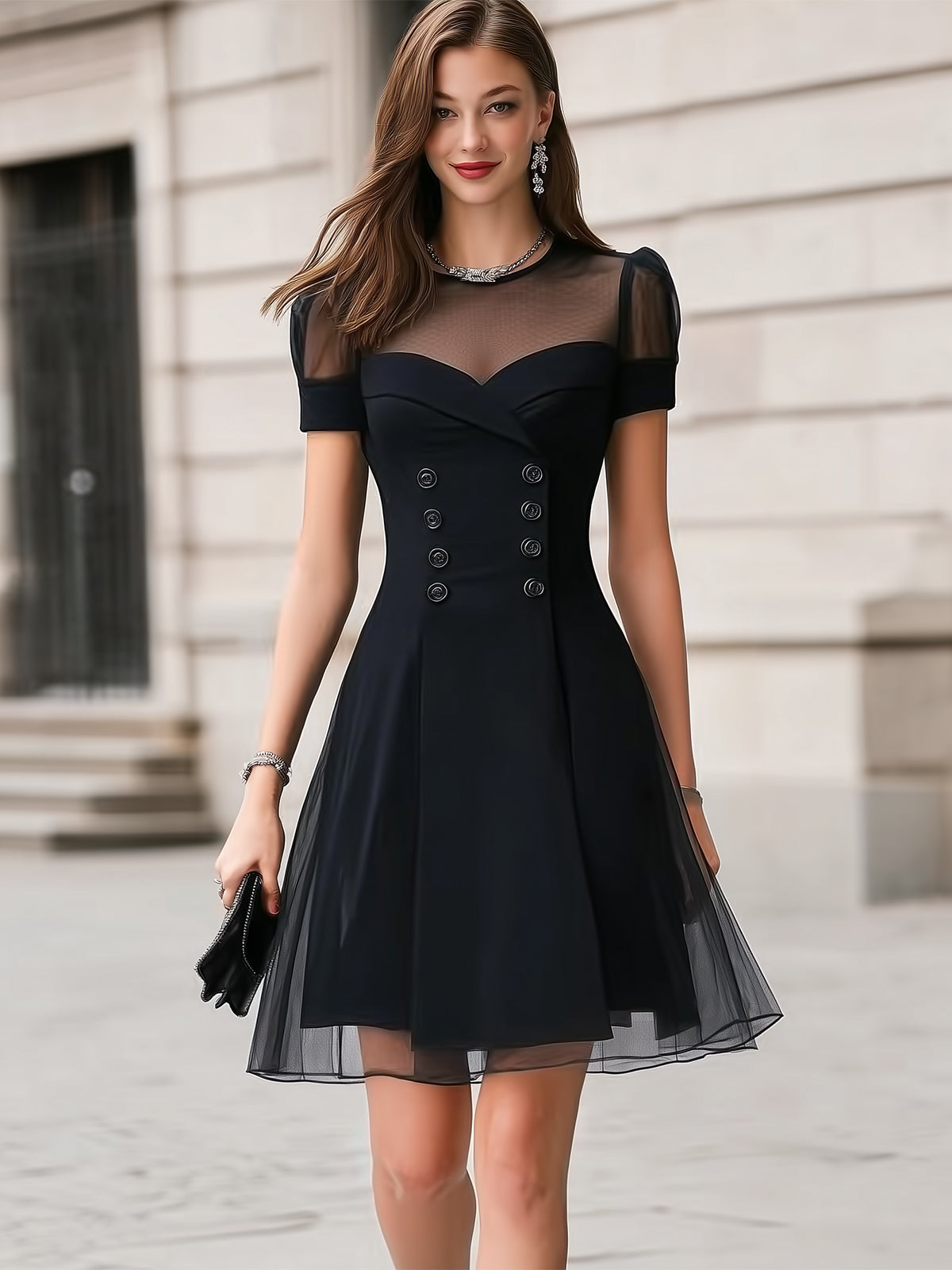 Mesh Panel Black A Line Mini Dress