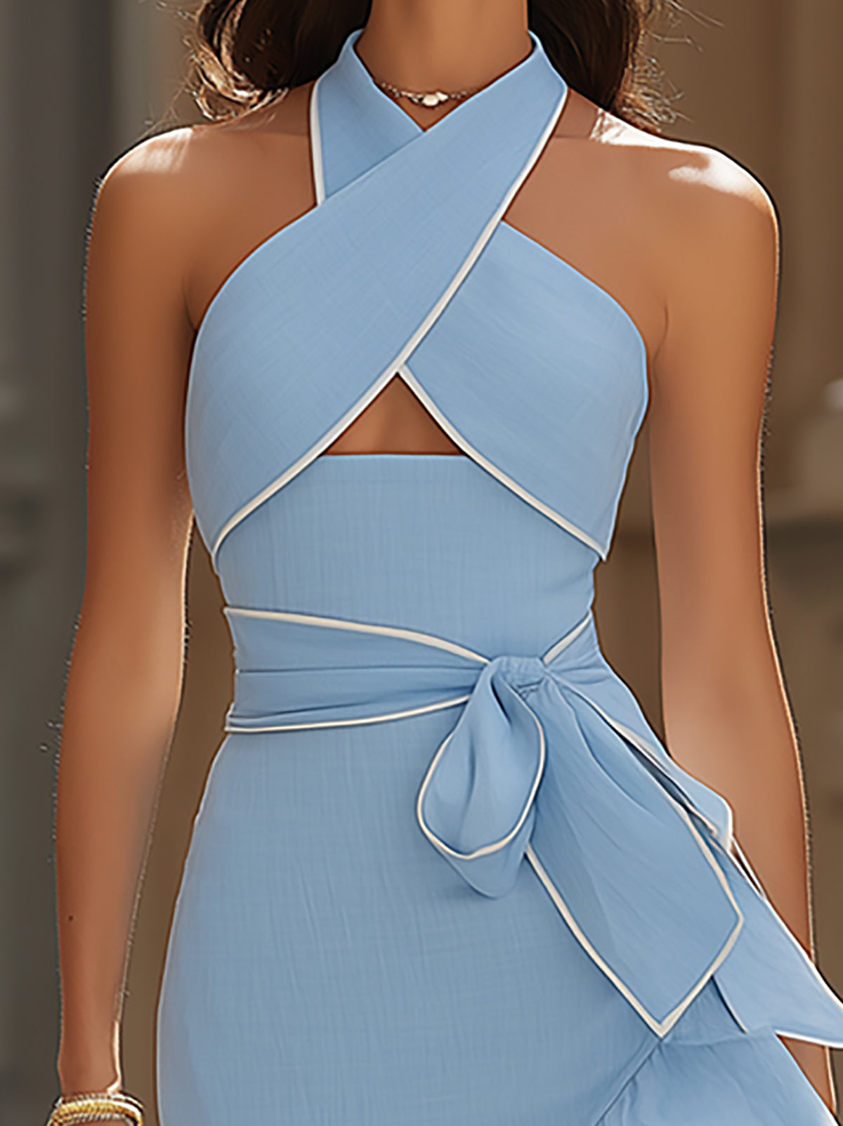 Light Blue Cross Halter Ruffle Midi Dress