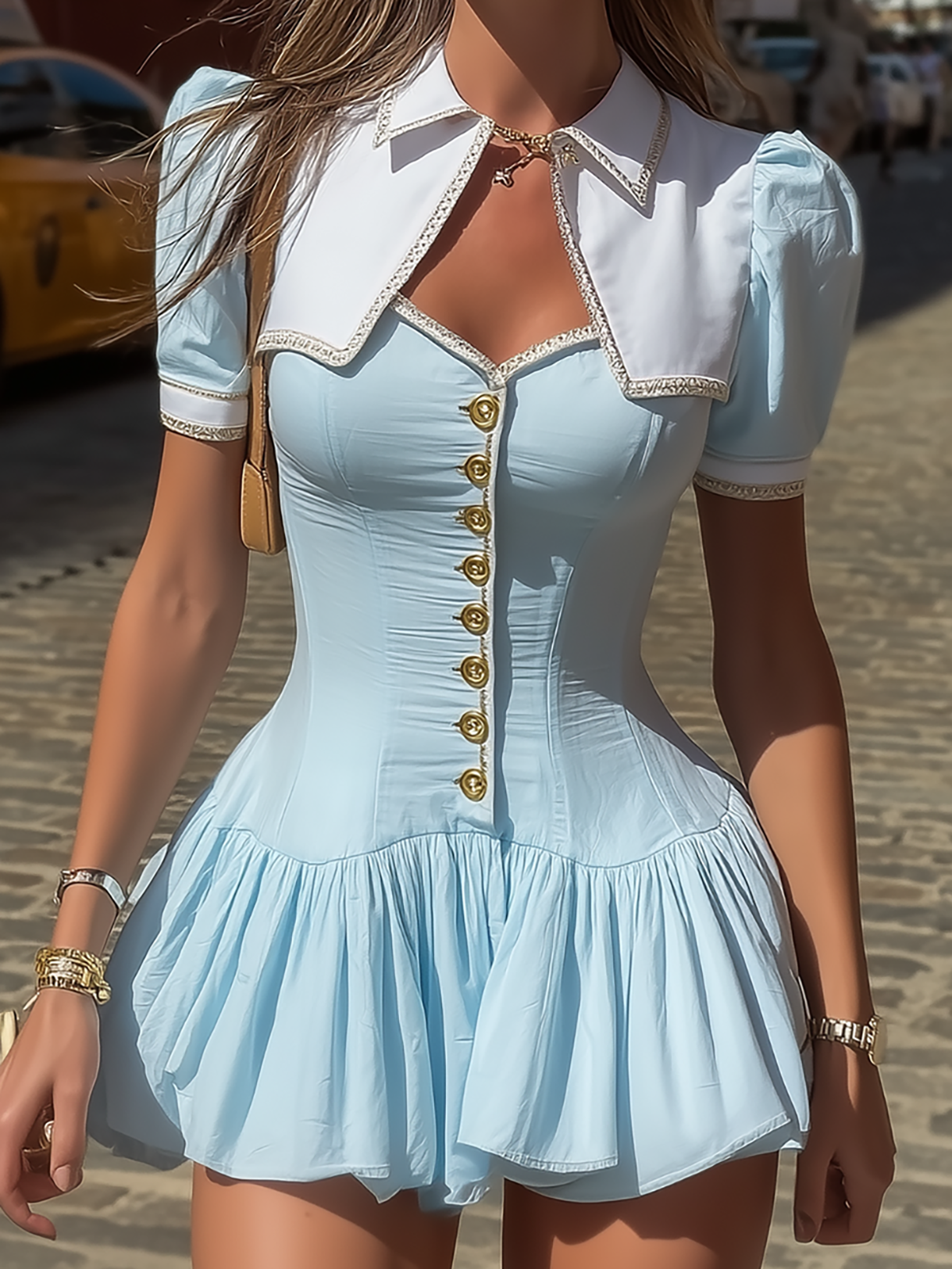 Contrast Trim Collar Puff Sleeve Corset Mini Dress