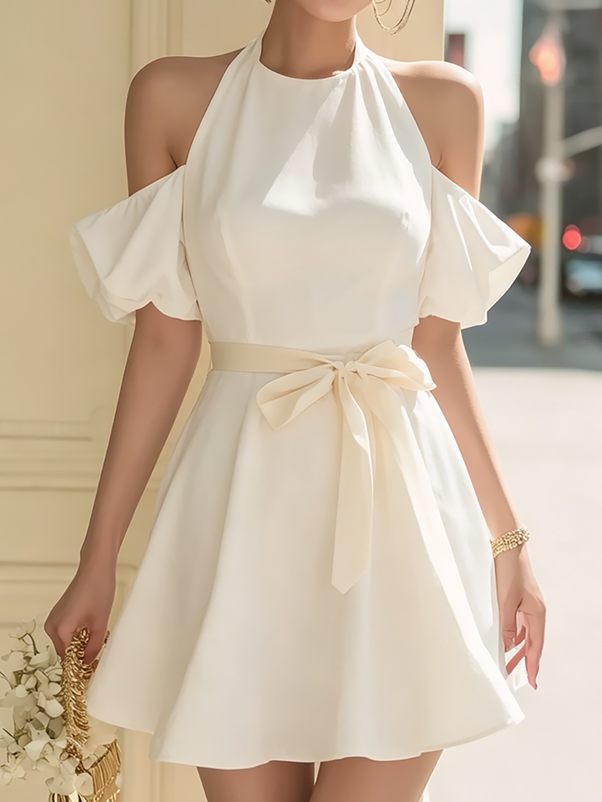 Minimalist Halter Cold Shoulder Bow Belt Swing Dress
