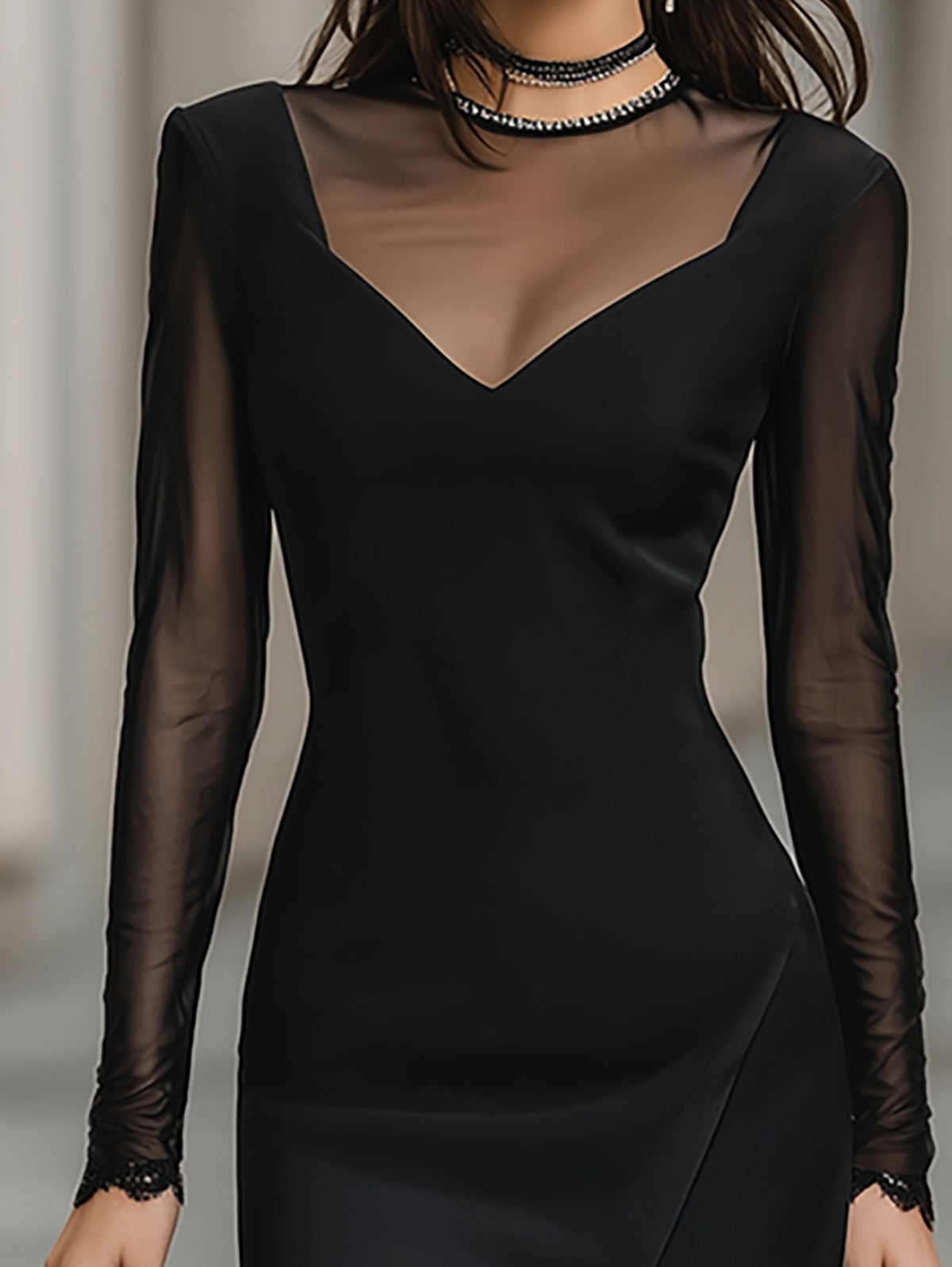 Satin Mesh Sleeve Lace Trim Midi Dress