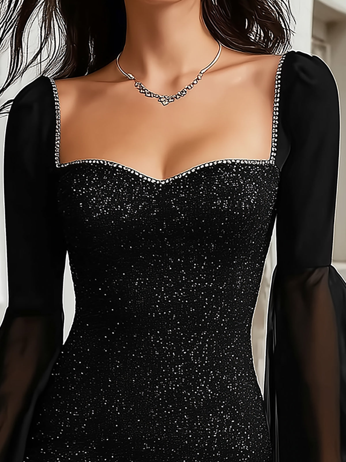 Black Rhinestone Trim Glitter Mini Dress With Flare Sleeves