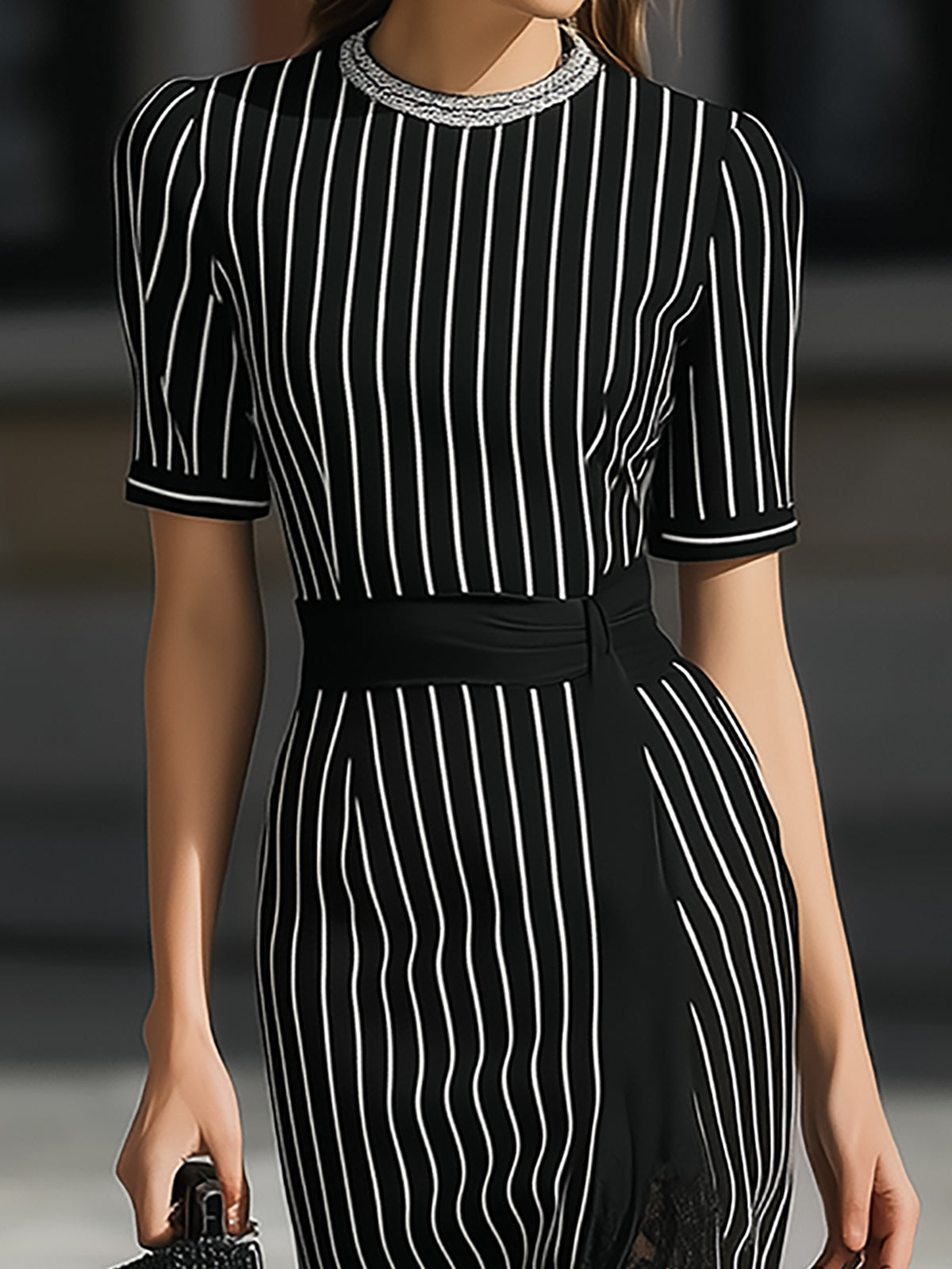 Vertical Stripe Lace Slit Midi Dress
