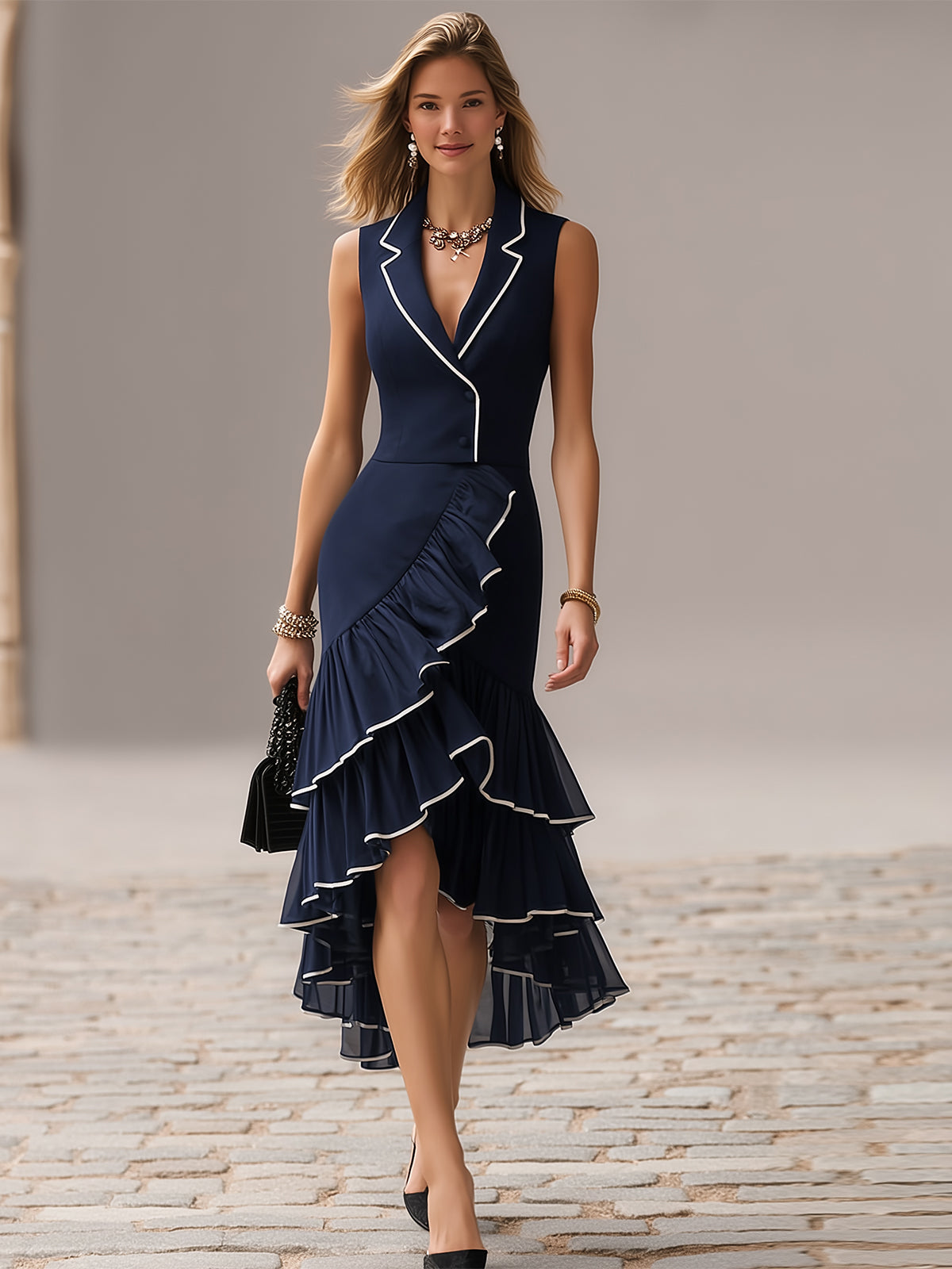 Navy Contrast Trim Sleeveless Mermaid Midi Dress