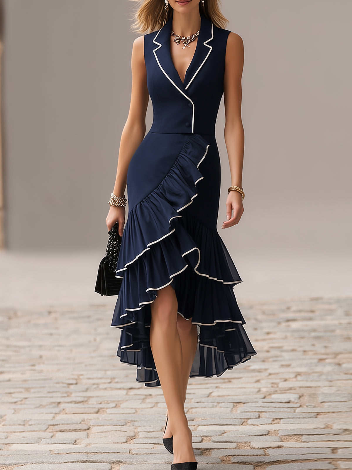 Navy Contrast Trim Sleeveless Mermaid Midi Dress