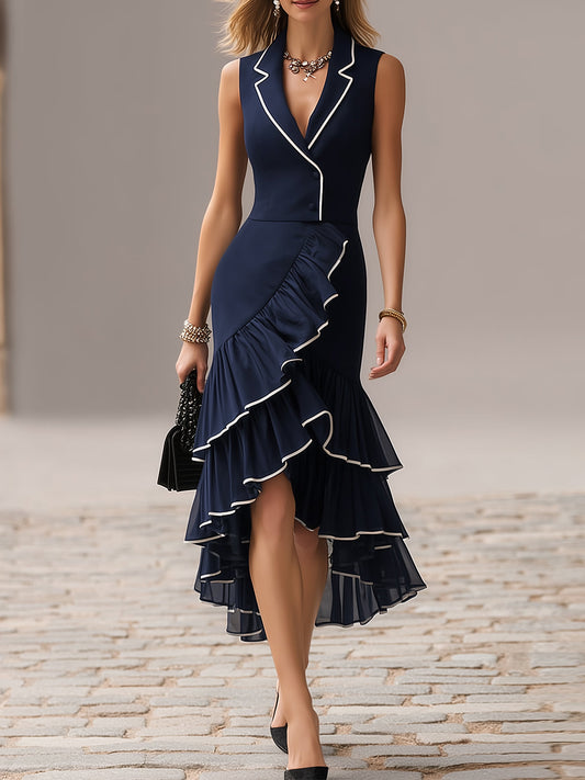 Navy Contrast Trim Sleeveless Mermaid Midi Dress