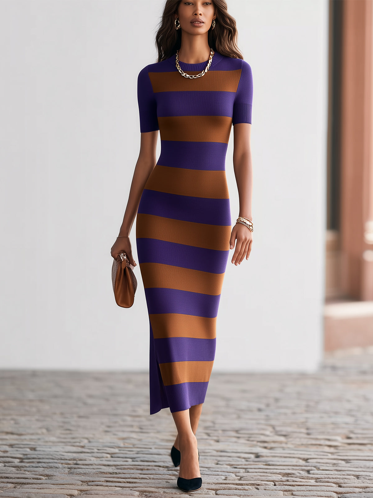Purple Caramel Striped Bodycon Long Dress