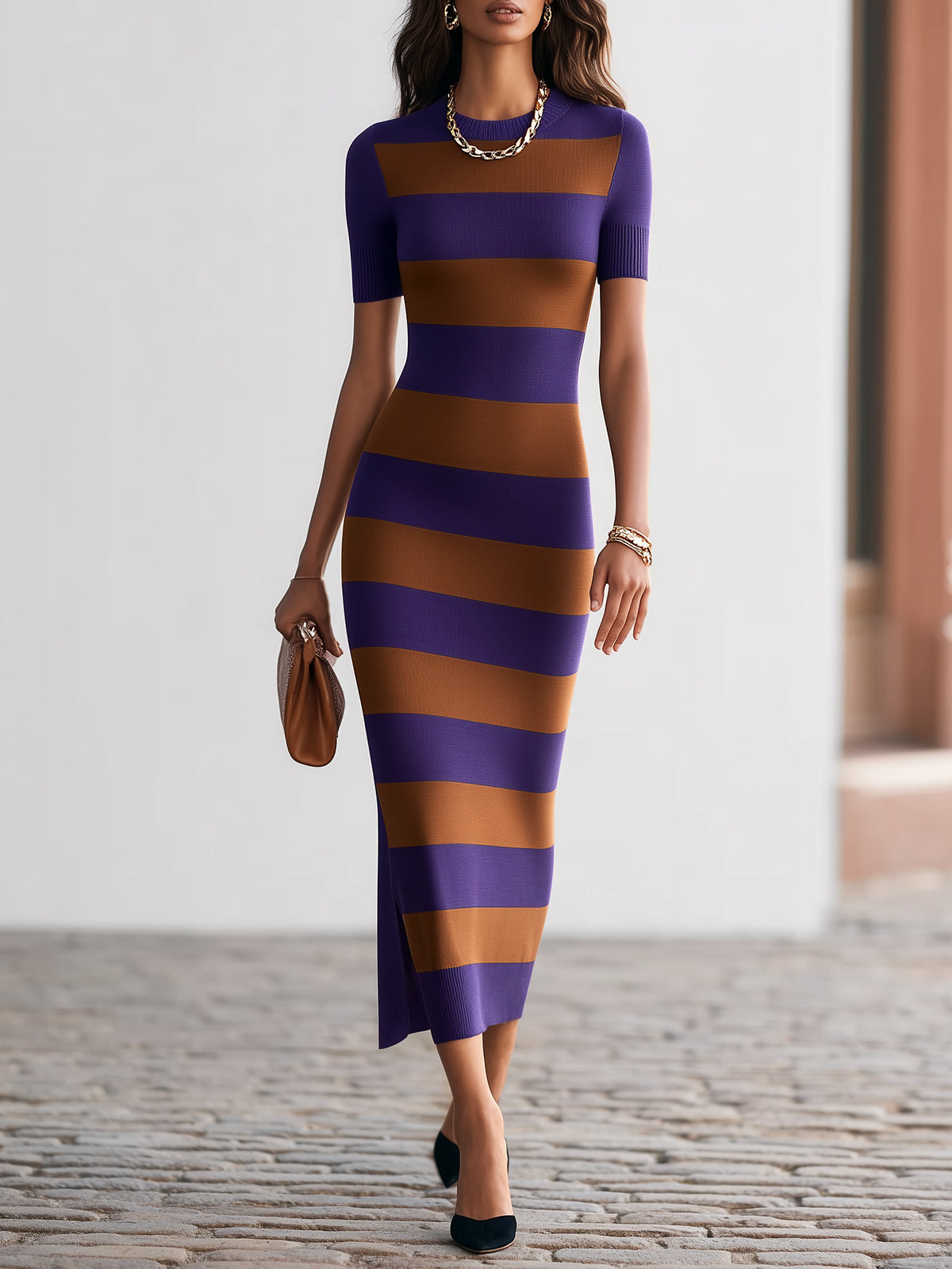 Purple Caramel Striped Bodycon Long Dress