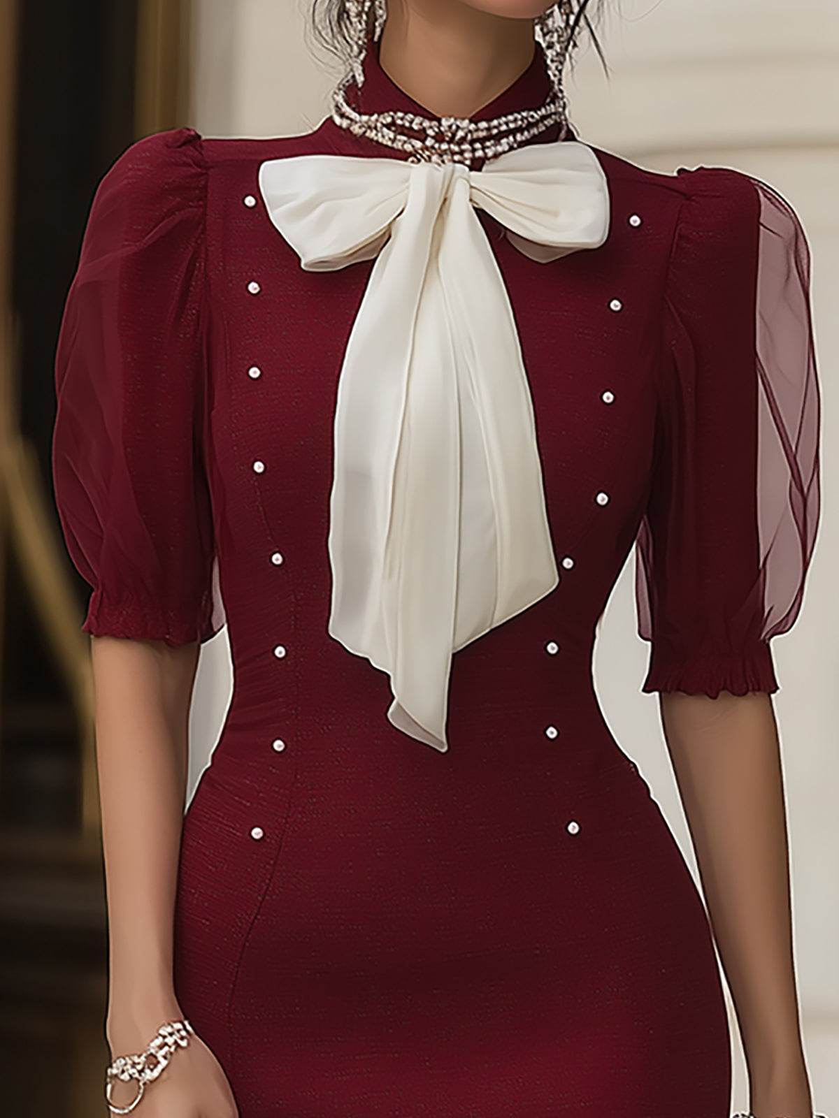 Elegant Burgundy Bow Tie Slim Fit Midi Dress