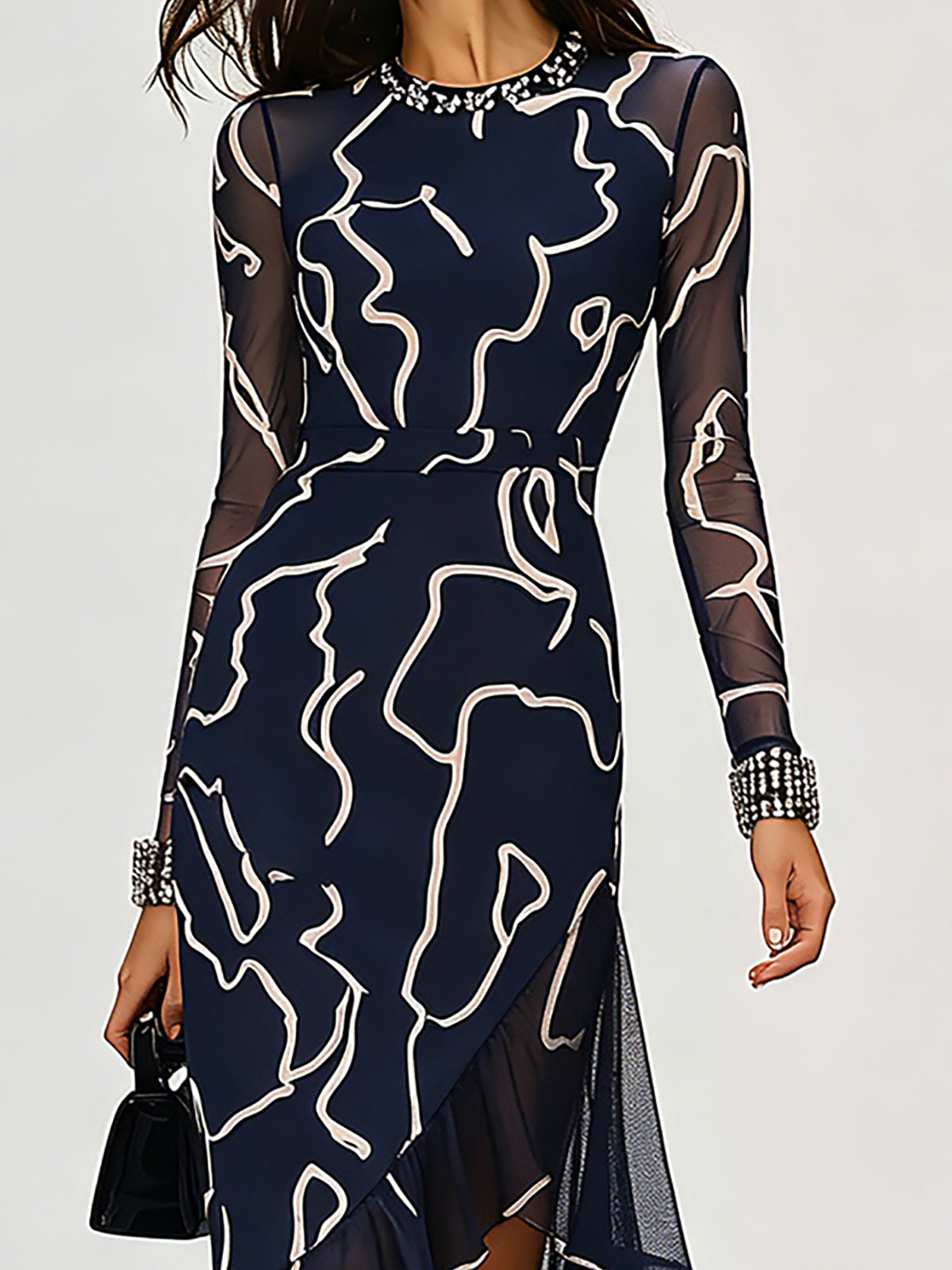 Navy Abstract Print Asymmetric Midi Dress
