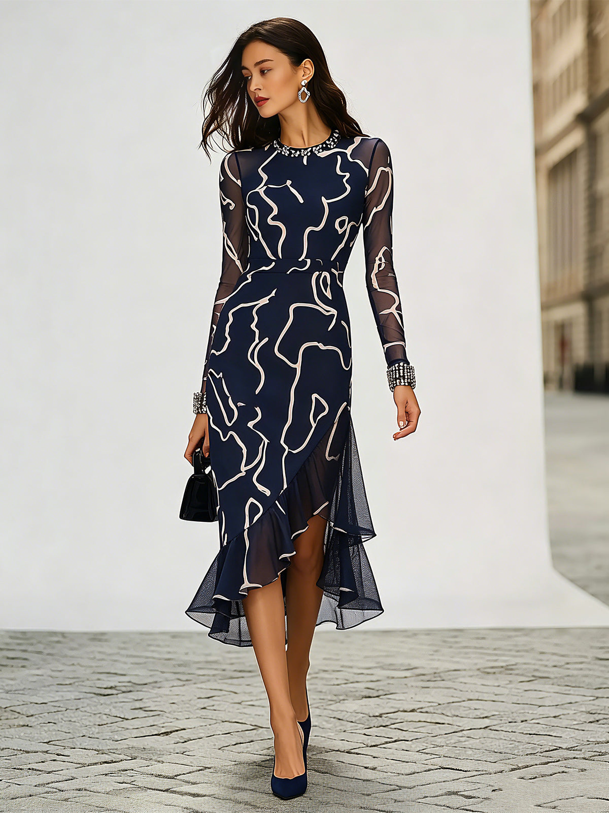 Navy Abstract Print Asymmetric Midi Dress