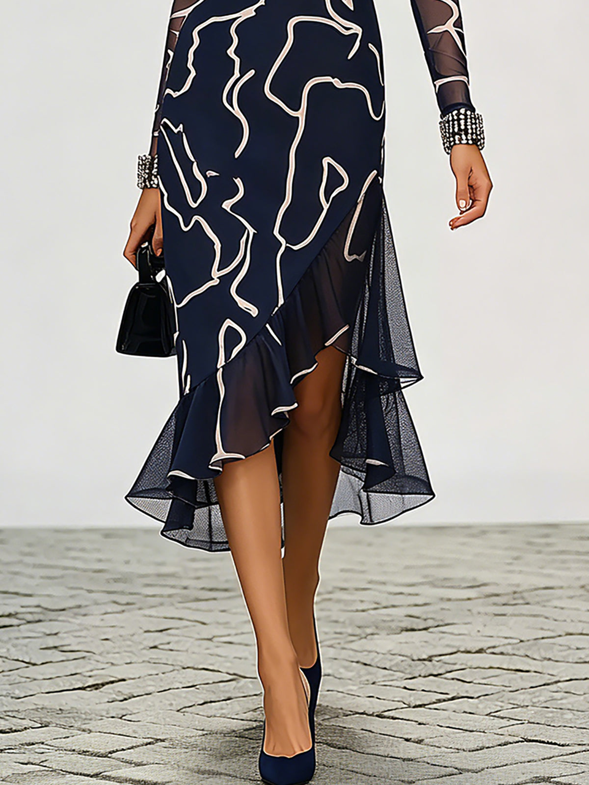Navy Abstract Print Asymmetric Midi Dress