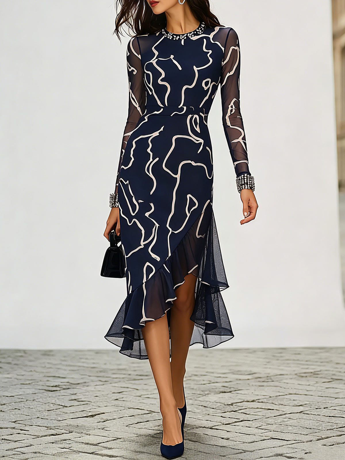 Navy Abstract Print Asymmetric Midi Dress