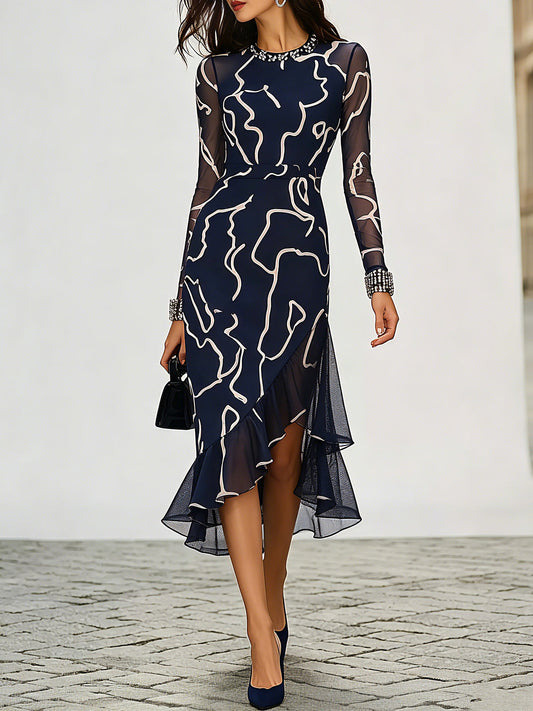 Navy Abstract Print Asymmetric Midi Dress