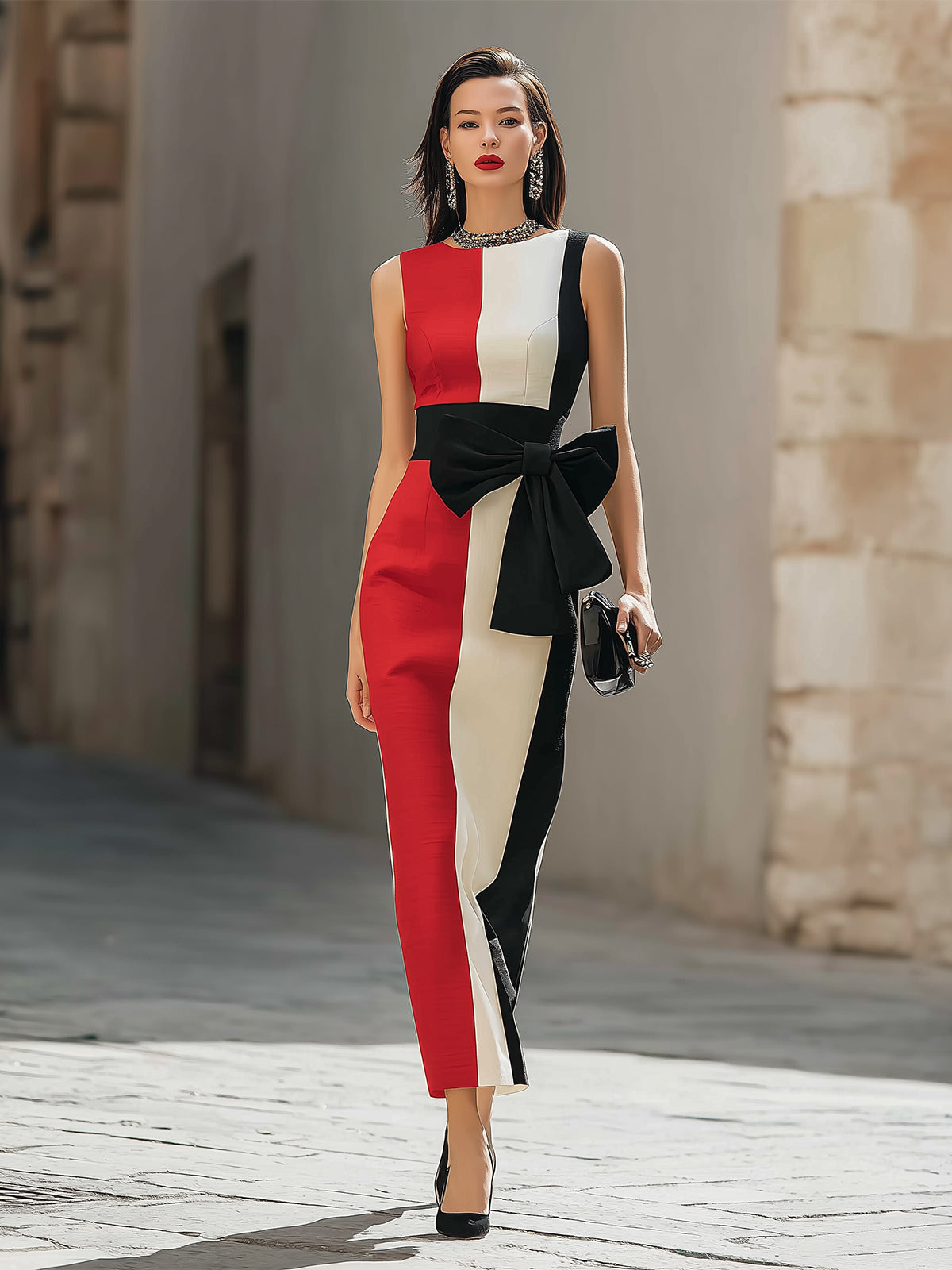 Elegant Vertical Striped Three Color Formal Maxi Gown