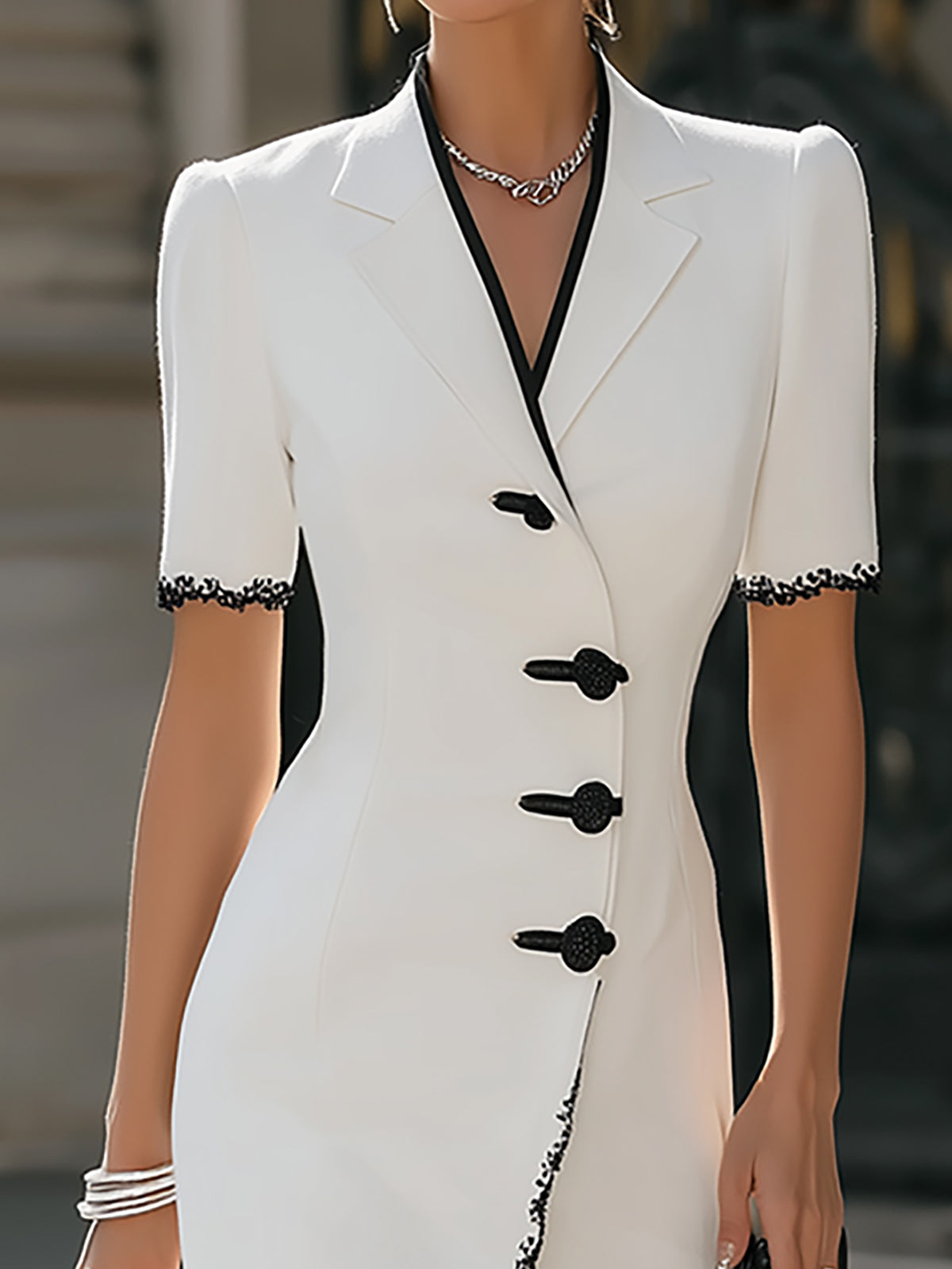 White Blazer Dress With Black Lace Trim
