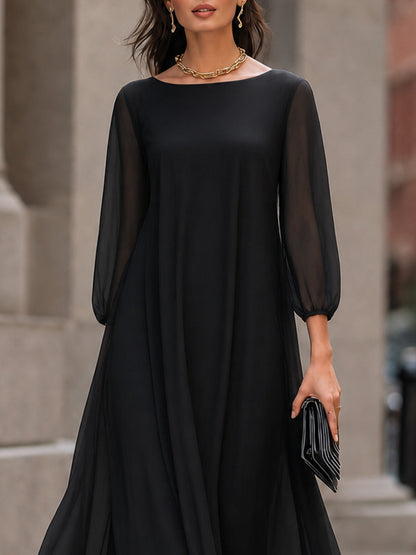 Sheer Sleeve Flowing A-Line Maxi Dress