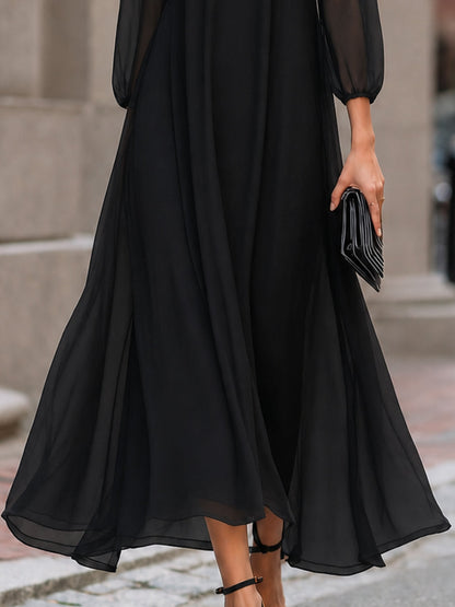 Sheer Sleeve Flowing A-Line Maxi Dress