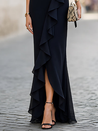 Ruffled Wrap-Front Flutter Sleeve Maxi Dress