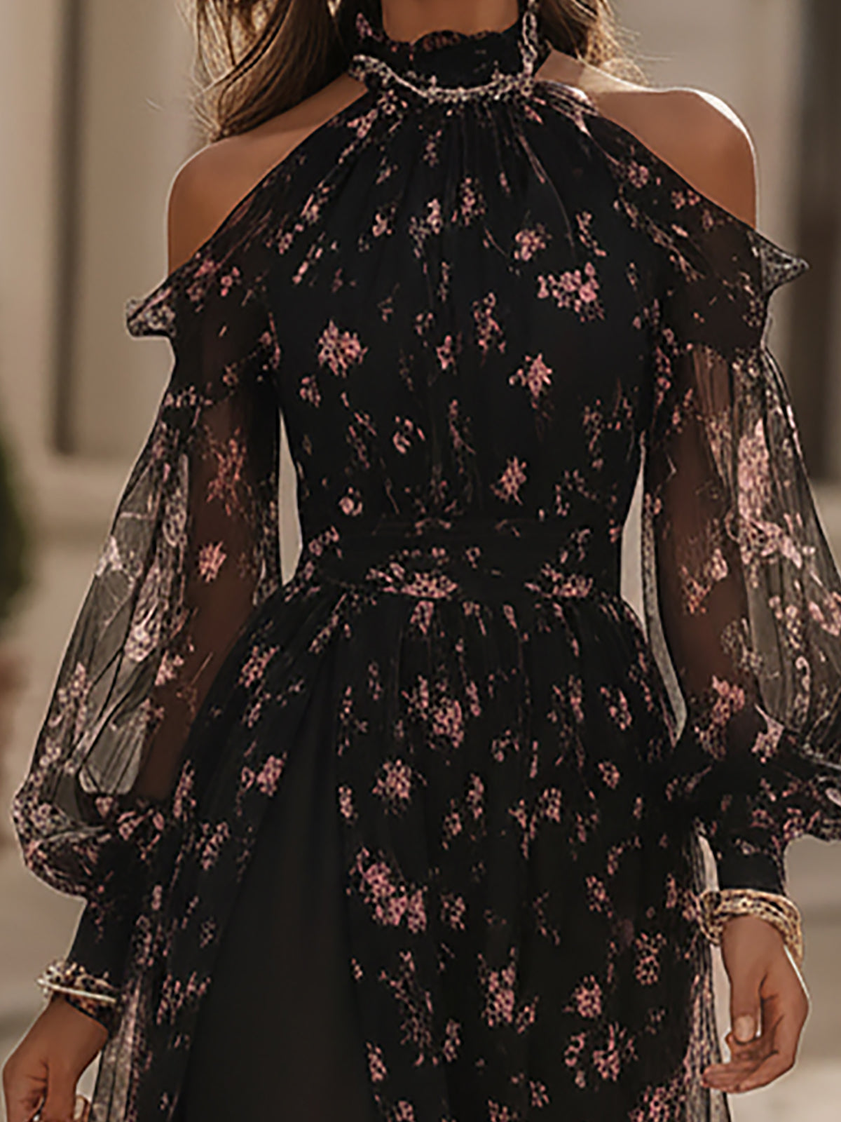 Black Floral Chiffon Cold Shoulder Maxi Dress