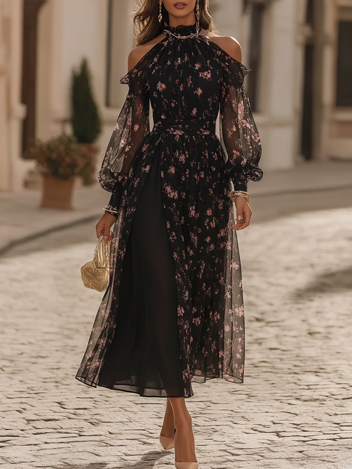 Black Floral Chiffon Cold Shoulder Maxi Dress