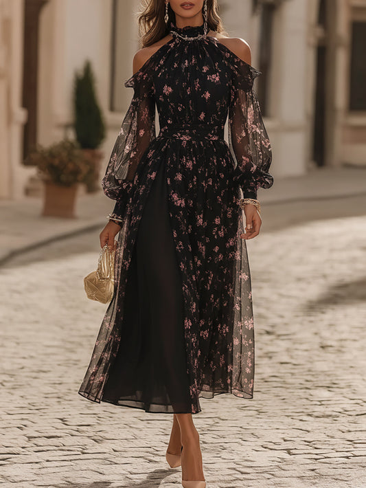 Black Floral Chiffon Cold Shoulder Maxi Dress