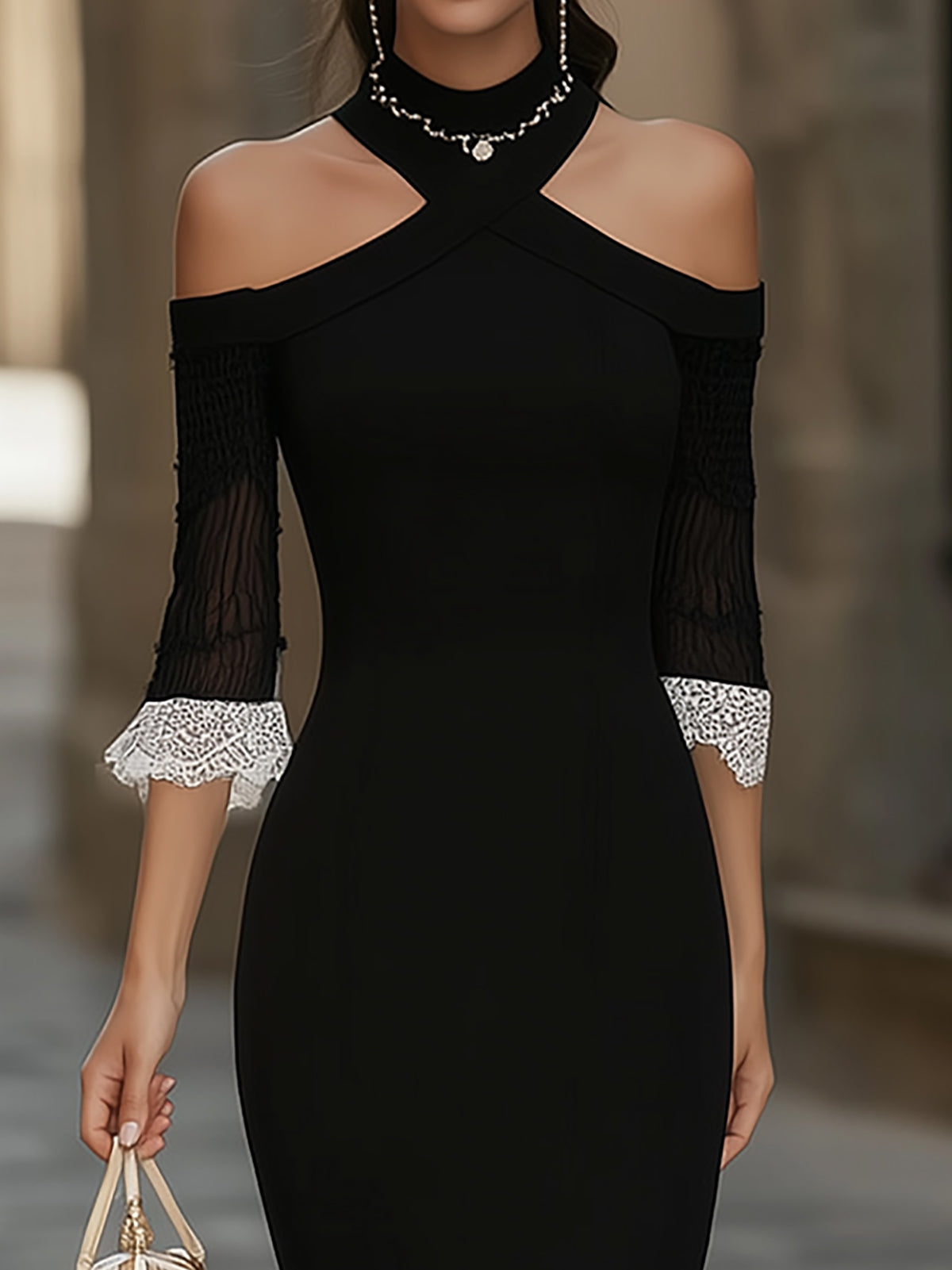 Cold Shoulder Lace Trim Mermaid Dress