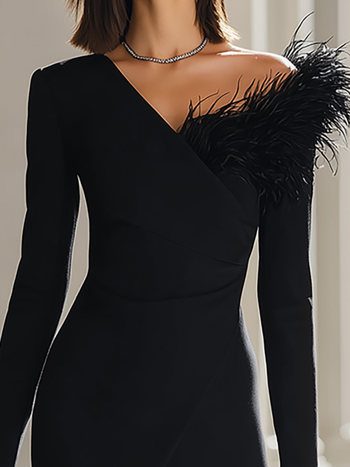 Asymmetric Feather Bodycon Mini Dress