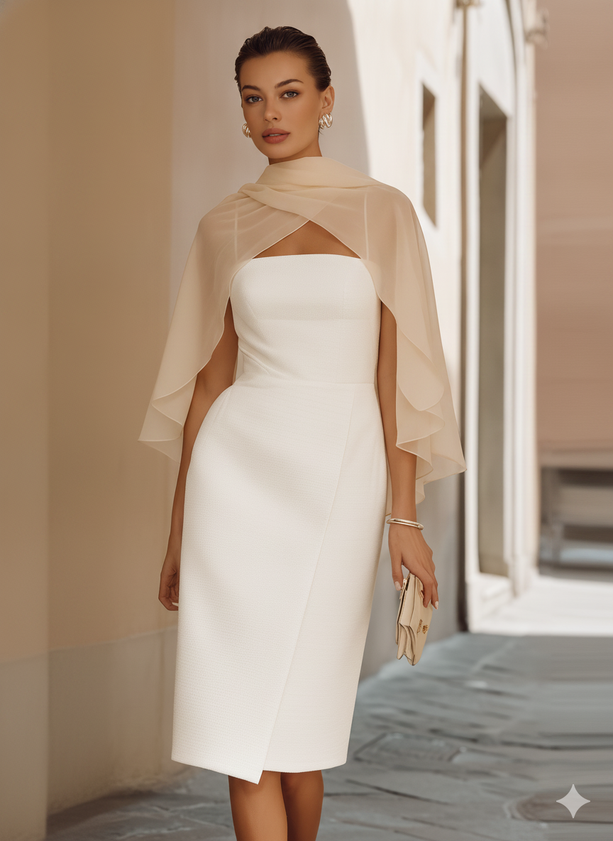White Midi Dress With Beige Chiffon Cape