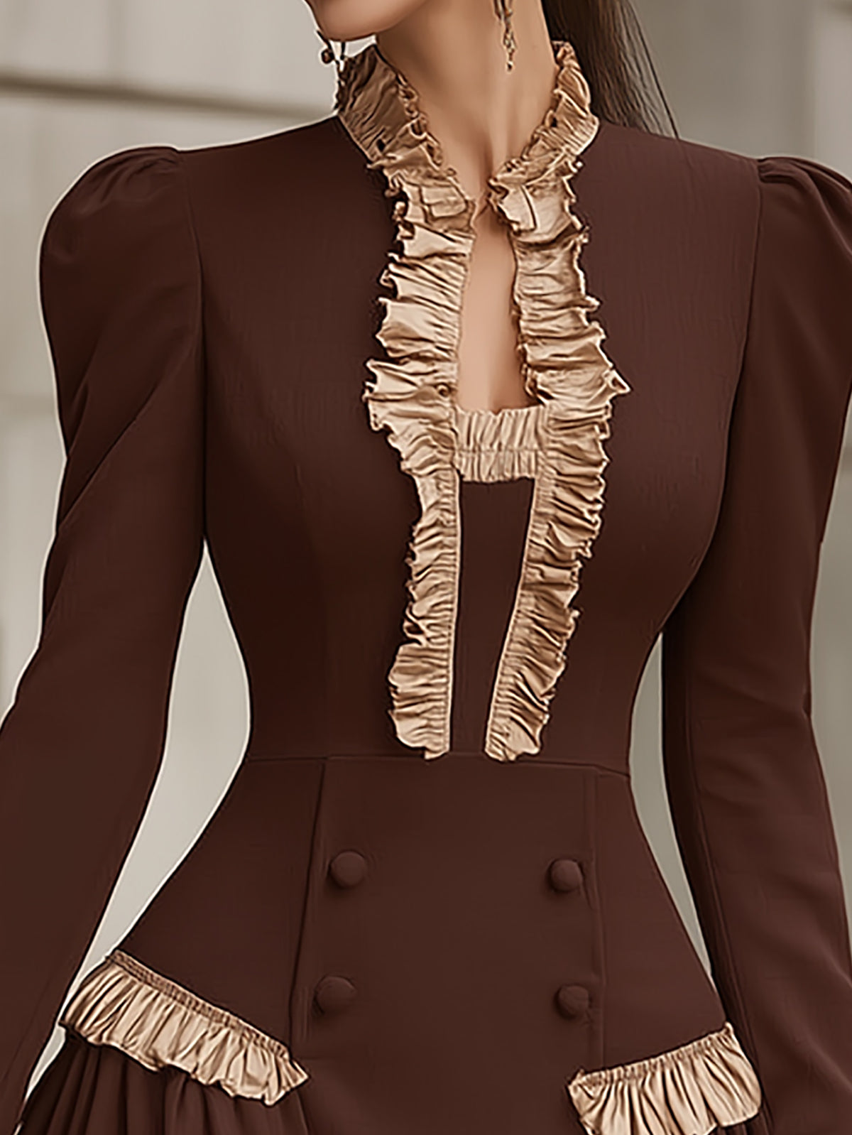 Brown Satin Ruffle Trim Mini Dress