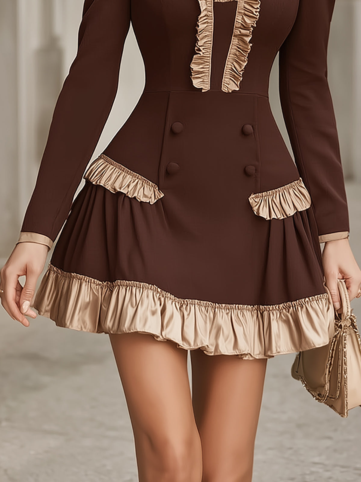 Brown Satin Ruffle Trim Mini Dress