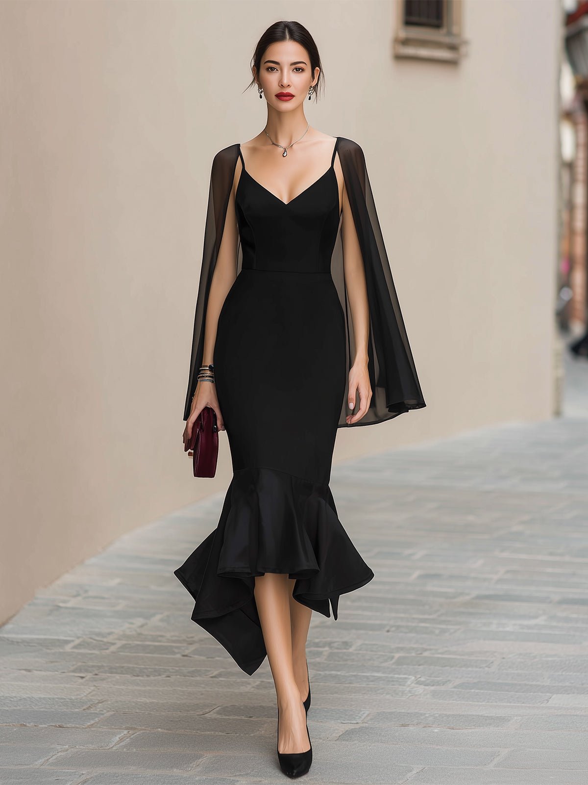 Chiffon Cape Sleeve Mermaid Midi Dress