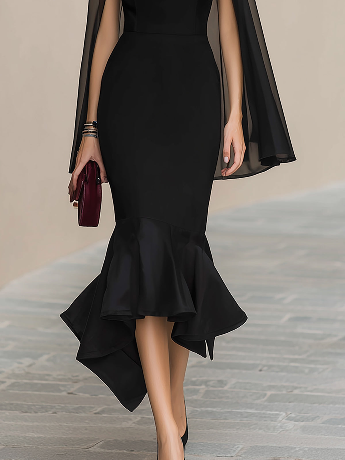 Chiffon Cape Sleeve Mermaid Midi Dress