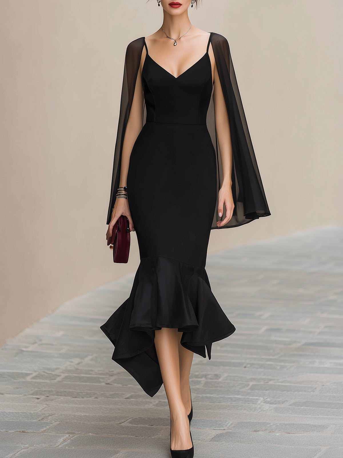 Chiffon Cape Sleeve Mermaid Midi Dress