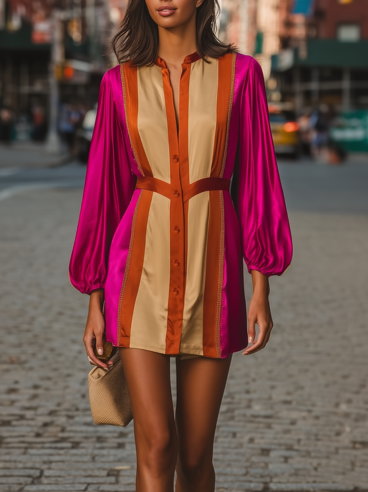 Color Block Satin Puff Sleeve Shirt Mini Dress