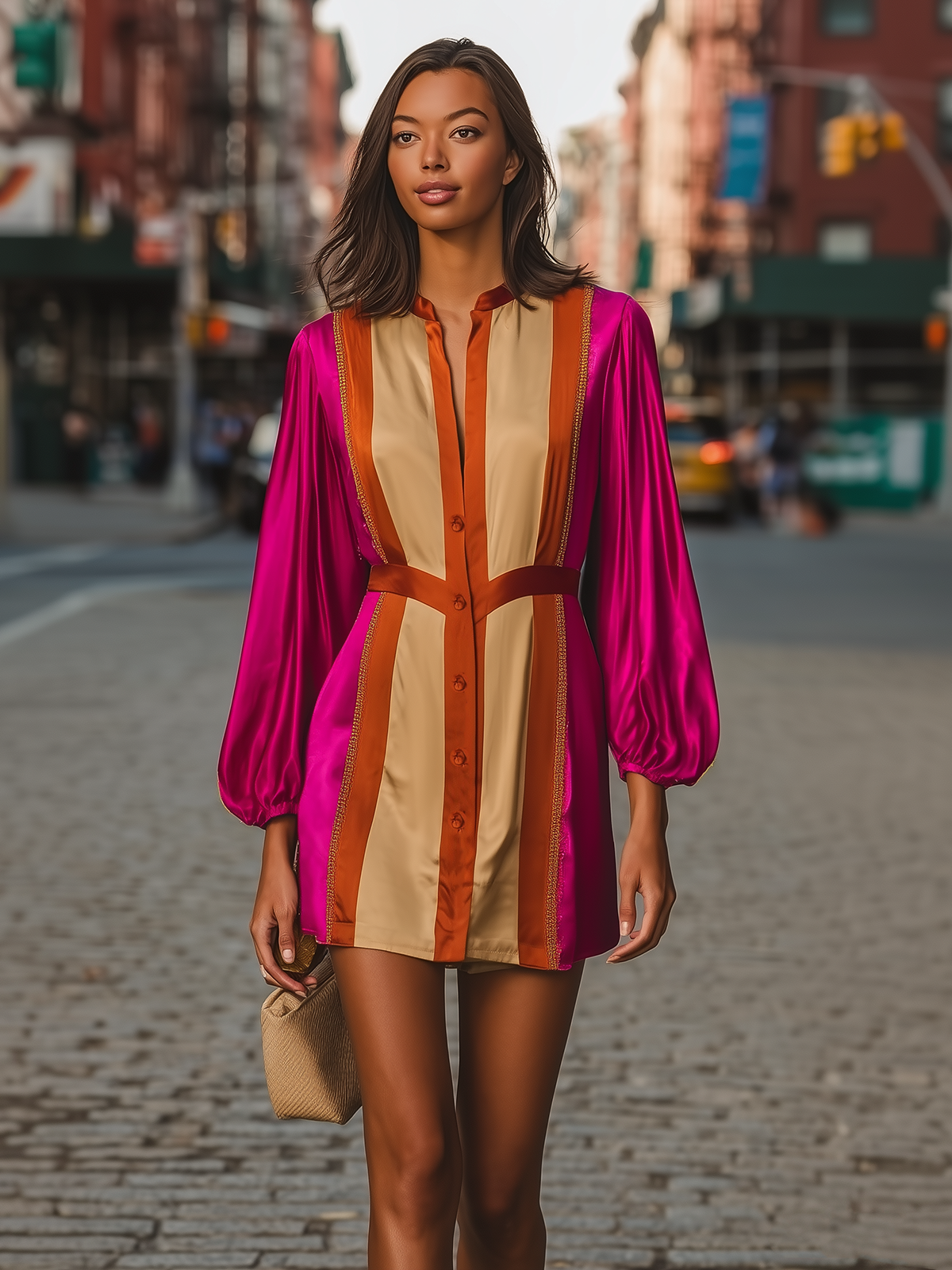 Color Block Satin Puff Sleeve Shirt Mini Dress