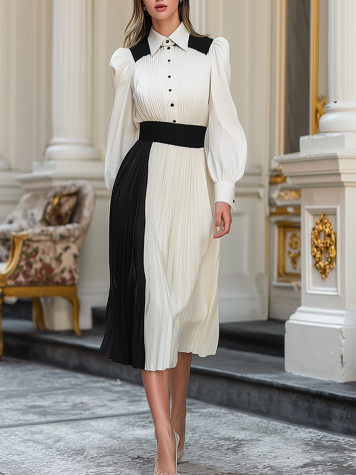 Asymmetric Two Tone Pleated Shirt Dress