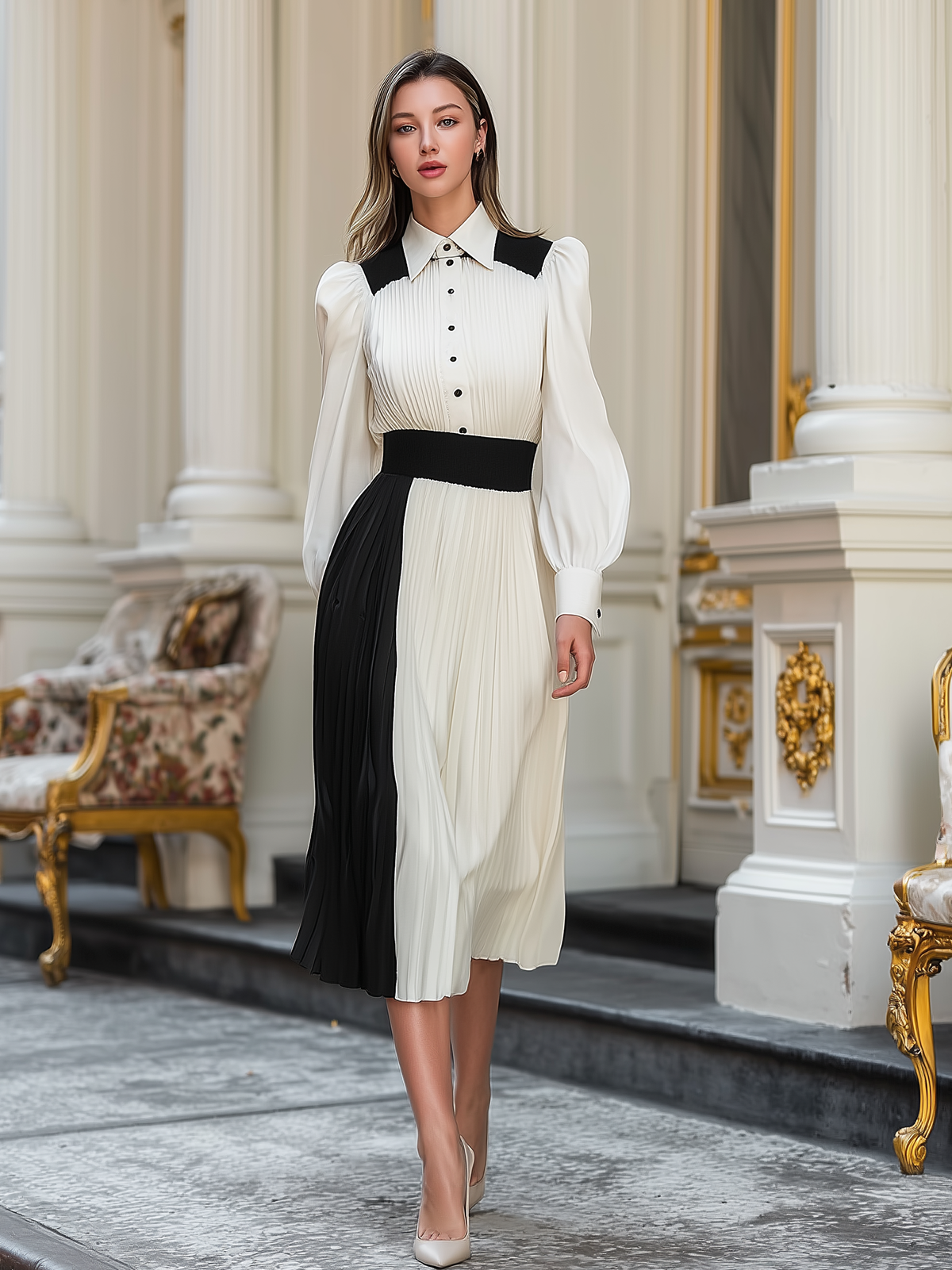 Asymmetric Two Tone Pleated Shirt Dress