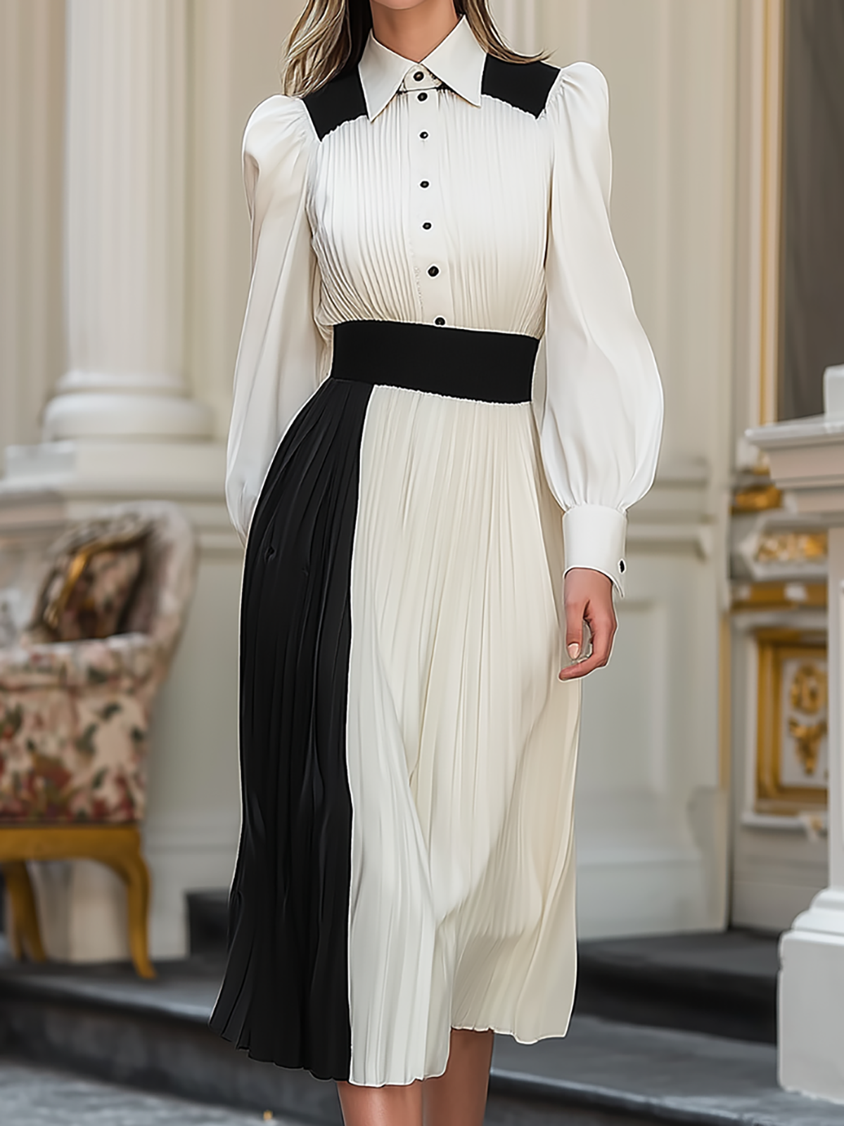 Asymmetric Two Tone Pleated Shirt Dress